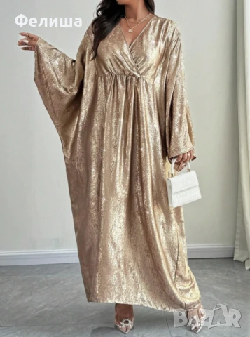 Дълга Арабска Рокля с Бляскав Ефект / Блестящи Отражения Течно Злато - XL / XXL, снимка 4 - Рокли - 50603632