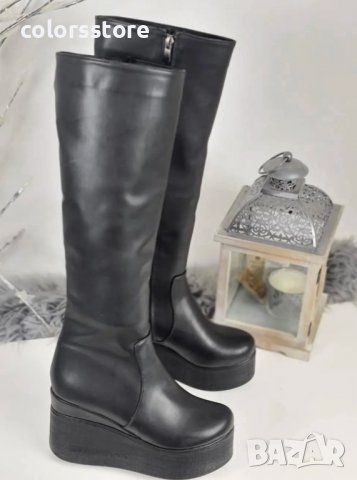 Ботуши на платформа - черна кожа с черно ходило - 136K