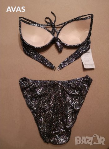 Нов блестящ бански сребърен комплект 3 части L размер, снимка 2 - Бански костюми - 36860478