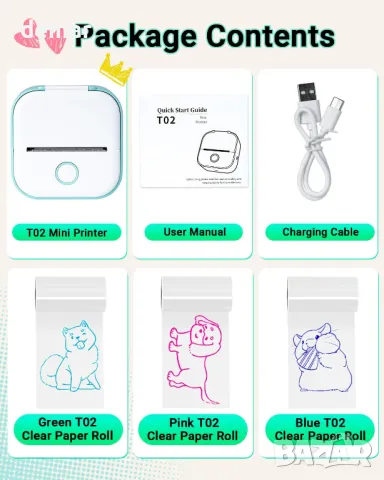 Мини принтер Memoking T02 - Преносим термичен принтер без мастило с три ролки, снимка 7 - Принтери, копири, скенери - 49283031