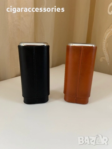 Калъф за 3 пури – естествена кожа, кедър, с ножче, черен/кафяв