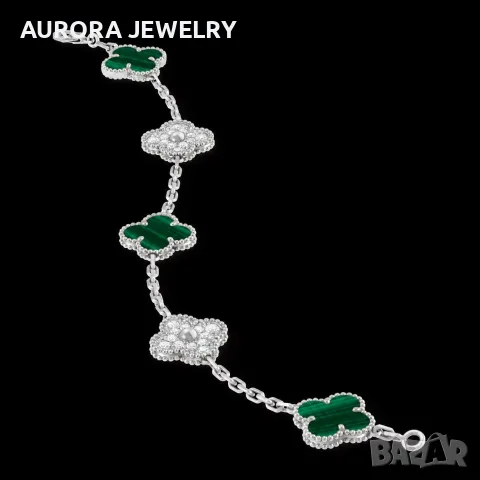 Van Cleef & Arpels VCA 5 Motifs Silver Green Malachite Diamonds Vintage Alhambra Дамска Гривна, снимка 3 - Гривни - 56111503