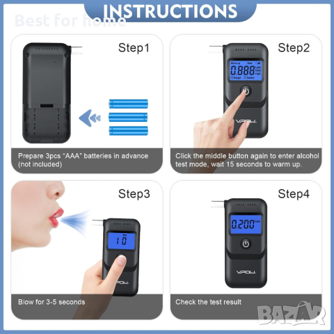 Алкотестер за тестване на алкохол, тестер за алкохол VPOW с цифров син LCD дисплей, клас, снимка 3 - Друга електроника - 44573688