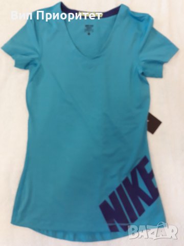NIKE- спортна тениска с къс ръкав , еластична, маркова, тюркоаз с диагонален надпис, снимка 4 - Спортни екипи - 37258175
