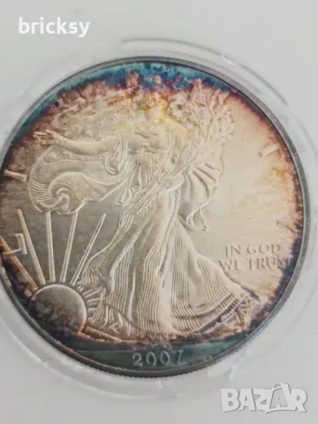 1 унция сребърна монета Американски орел 2007 рядка патина, снимка 2 - Нумизматика и бонистика - 49383653