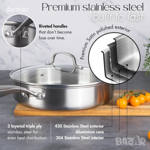 Тиган от неръждаема стомана nuovva със стъклен капак – индукционен котлон, незалепващ тиган – 28 см, снимка 3 - Съдове за готвене - 51168361