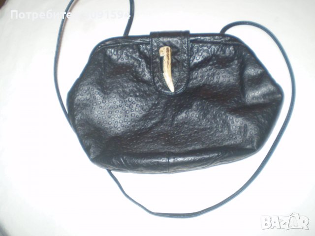 Ретро кожена чанта закопчалка кост и единична  дръжка черен  цвят   естествена кожа