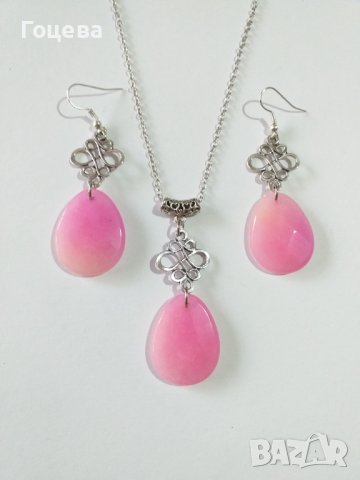 Прекрасен комплект обеци и колие с голям Розов Ахат и филигранни орнаменти в цвят Сребро , снимка 1