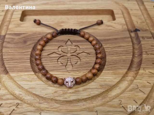Мъжка/дамска дървена гривна (ароматно сандалово дърво) сребърен Тигър/леопард, снимка 4 - Гривни - 35571624