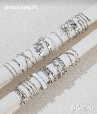 Комплект бижута - 22 броя пръстени, налични в цвят злато или сребро, снимка 11 - Пръстени - 53071172