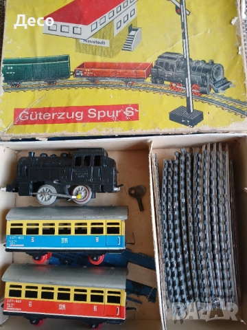 Стара ГДР играчка влак със вагони навиващ се със ключ.