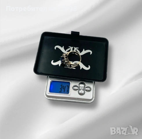 Златен пръстен с диаманти и сапфир 14к, снимка 9 - Пръстени - 53253877