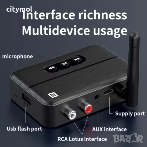 Bluetooth 5.4 аудио приемник M60, NFC, за дома и автомобила, USB, RCA, 3,5 mm AUX
