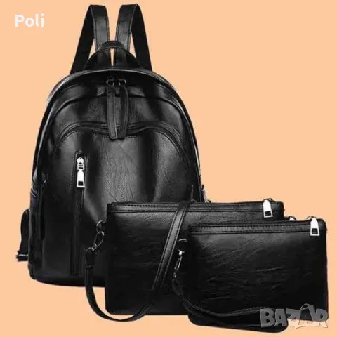 Дамска раница от висококачествена кожа с подарък малка чанта и портмоне, снимка 2 - Раници - 47338573