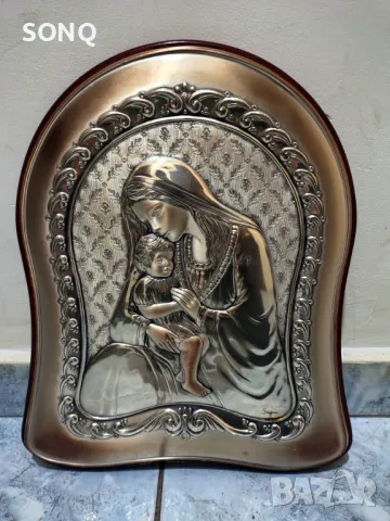 Невероятно Красива Сребърна Икона Богородица Със Младенеца