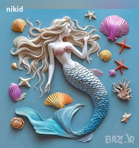 Момиче Русалка мида морска звезда корал силиконов молд форма фондан шоколад  декор, снимка 3 - Форми - 50076102