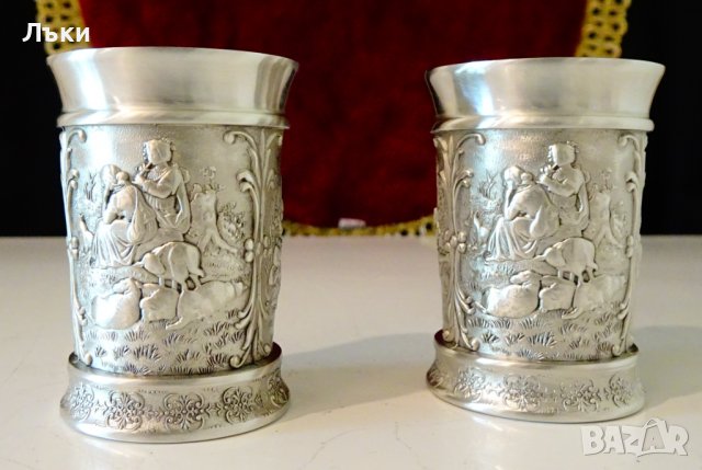 Чаша от калай за ракия със селски картини. , снимка 2 - Антикварни и старинни предмети - 37784021