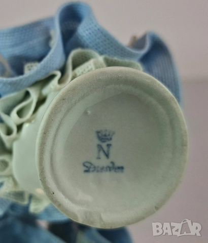 Порцеланова балерина със синя рокля и кошница - Sandizell, Dresden, снимка 6 - Статуетки - 52711721