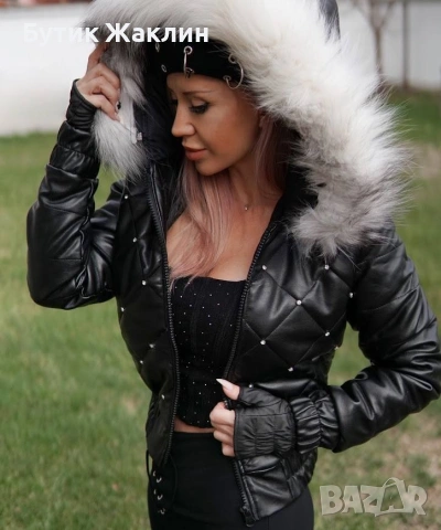 Дамско кожено яке с пухена качулка , снимка 4 - Якета - 53879260