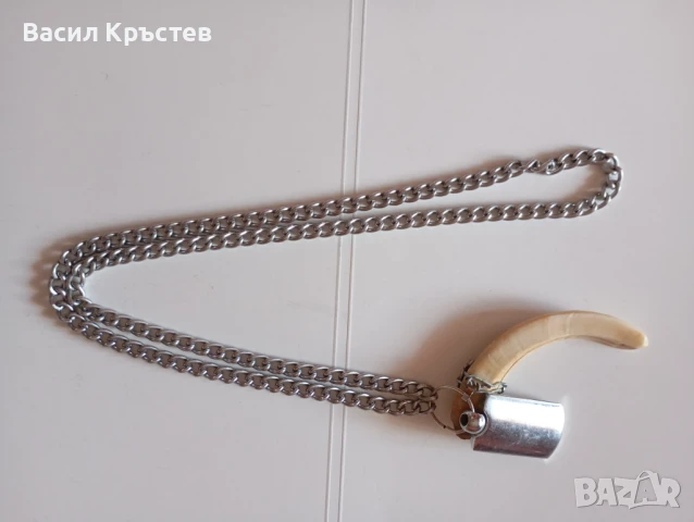 Синджир неръждавейка, Ланец, Ключодържател, Амулет срещу лоши енергии, с бивна от глиган, снимка 1