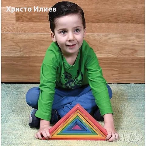 Дървен конструктор Пъзел Цветни триъгълници за подреждане Монтесори, снимка 6 - Образователни игри - 47592669