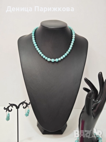 Ръчно изработен комплект бижута с тюркоаз – гривна, колие и обеци, снимка 2 - Бижутерийни комплекти - 52775507
