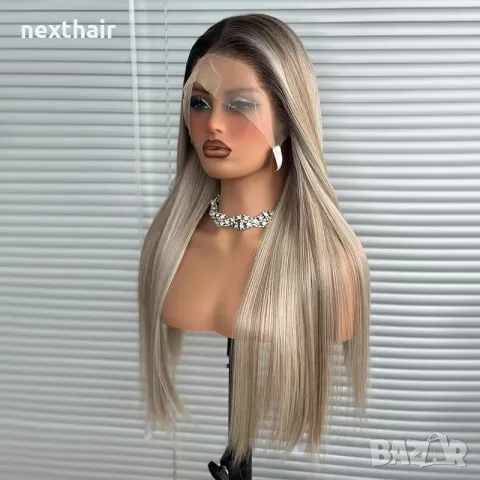 Пепеляво руса омбре перука 75 см Lace Front 13×4 с тъмни корени и пшенични нюанси