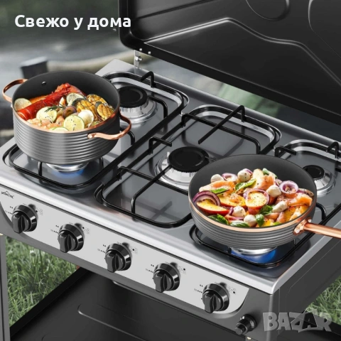 Газова печка HOMELUX с 5 котлона и стелаж на два етажа, 7.2kW, неръждаема стомана, автоматично запал, снимка 3 - Печки, фурни - 54213500