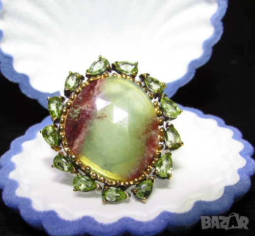 925 сребърен пръстен с родиево покритие, камък хризопрас 2.3см. Халка 1.85