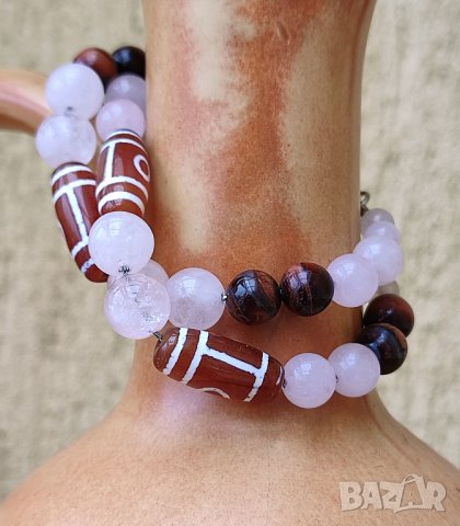 Двойна гривна на любовта с мъниста Дзи, розов кварц и червено тигрово око, снимка 8 - Гривни - 39955263