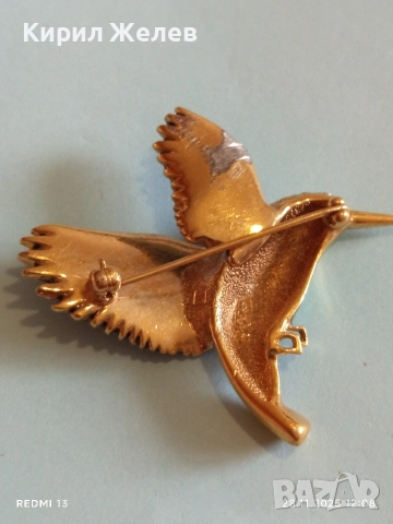 Винтидж брошка Колибри Attwood - Sawyer с 22 карата златно покритие Сваровски  емайл 75081, снимка 10 - Колиета, медальони, синджири - 52571885