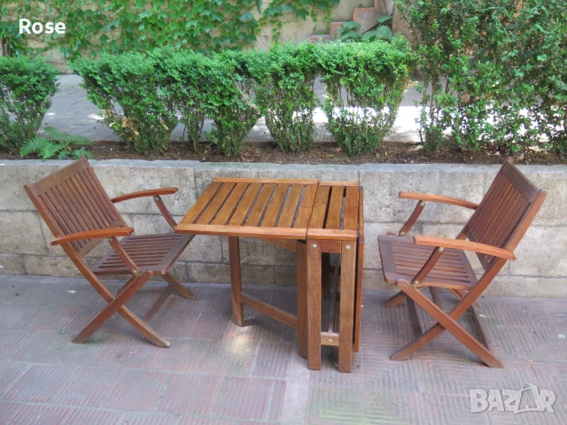 Тиково дърво-двойно сгъваема маса и 2бр.столове  ,Скандинавски мебели, снимка 4 - Градински мебели, декорация  - 50879162