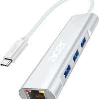 Acer USB C към Ethernet адаптер, 4-в-1 USB C хъб с 3 USB A 3.1 и 1Gbps RJ45 мрежа, снимка 1 - Кабели и адаптери - 44480483