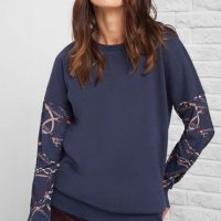 УНИКАЛНА синя плътна блуза с цветни ръкави от тюл, снимка 1 - Блузи с дълъг ръкав и пуловери - 37814207