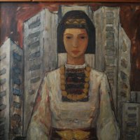 Стара, голяма картина, момиче с носия, 1970-те год., 132х84, снимка 3 - Картини - 31180760
