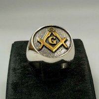 Масонски сребърен пръстен с 24 Карата позлата, масонски знаци, снимка 2 - Пръстени - 31590540