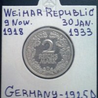 Монета Ваймарска Република 2 Марки 1925-D, снимка 1 - Нумизматика и бонистика - 29185240
