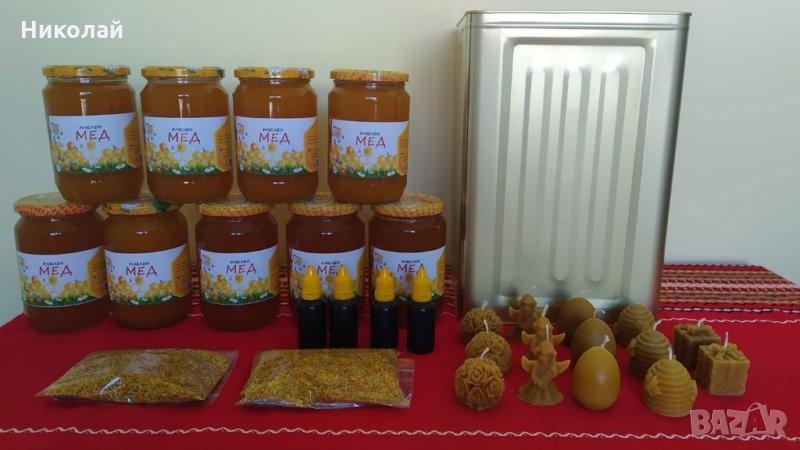 Пчелен мед и пчелни продукти : клеева , (прополисова) тинктура , прашец , тематични восъчни свещи, снимка 1