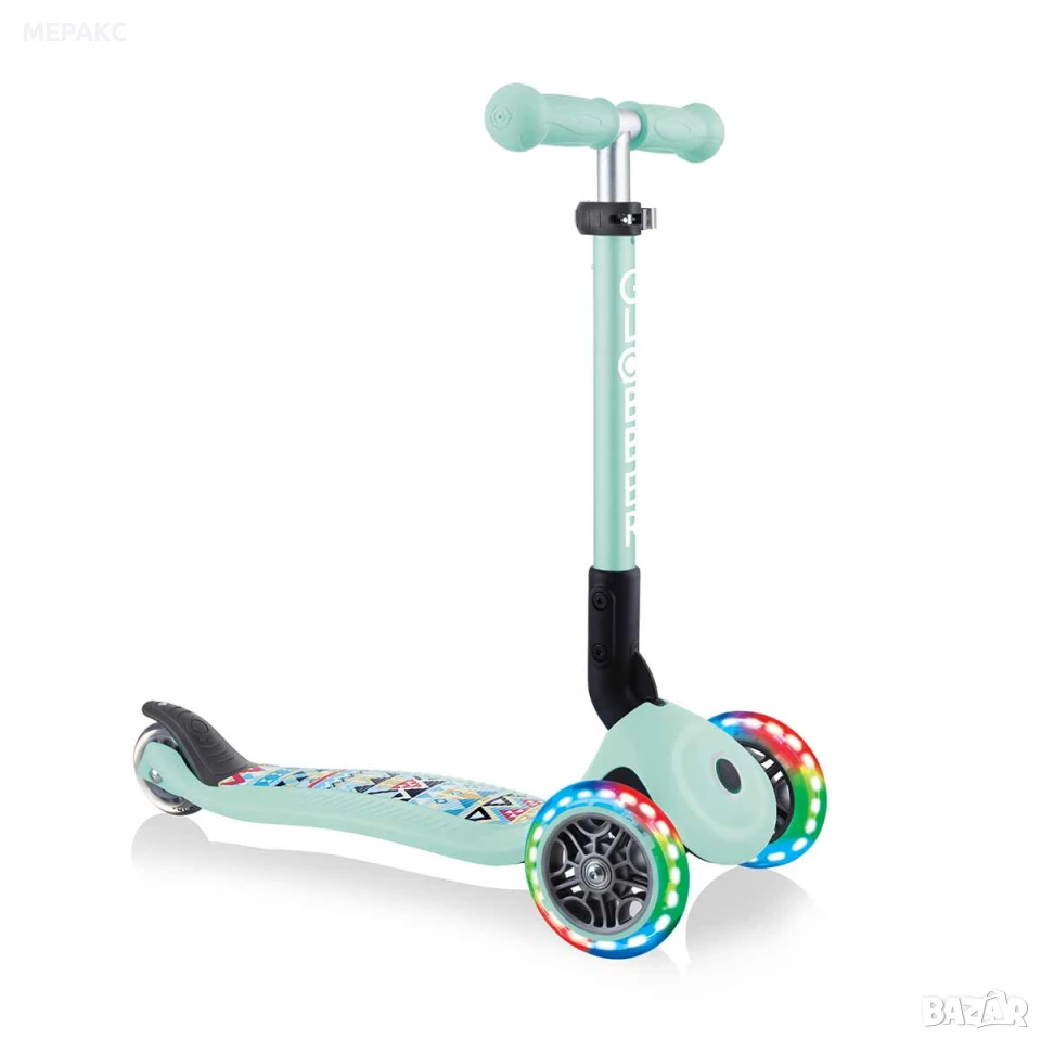 Сгъваема тротинетка със светещи колела Globber Junior Fantasy Lights, ментово зелена, снимка 1