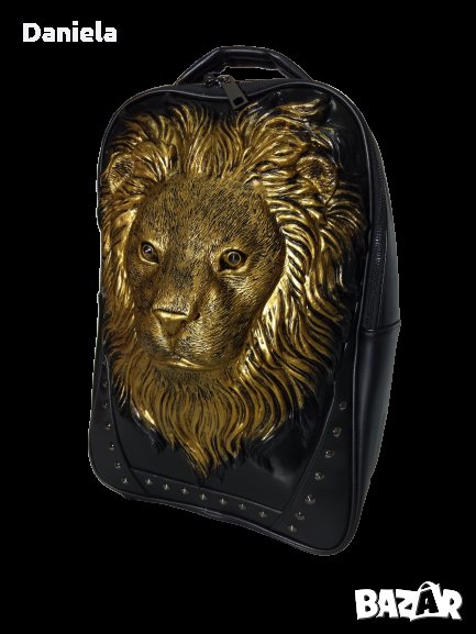 НОВА Черна раница, чанта, 3D златен лъв, регулируеми презрамки , снимка 1
