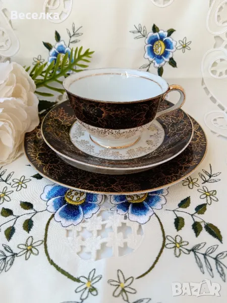 Костен порцелан + 12 карата злато, троен сет за кафе или чай , снимка 1