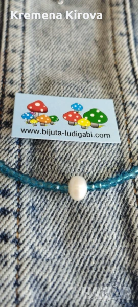 Чокър с естествена перла, чешки кристали и стомана. Бижута Луди гъби., снимка 1