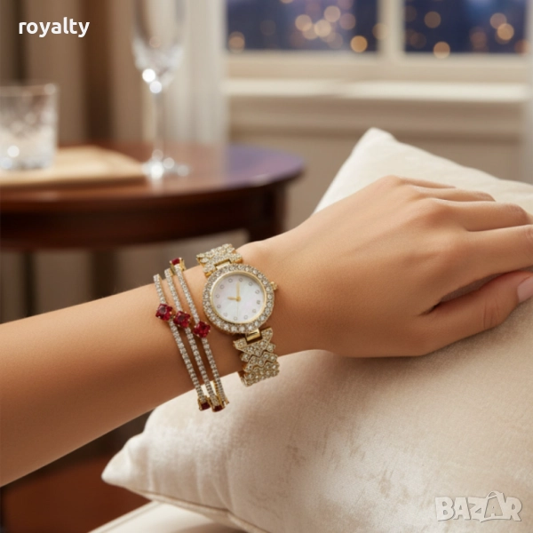 Готов сет за елегантност: кварцов часовник + 3 гривни с червени акценти, снимка 1