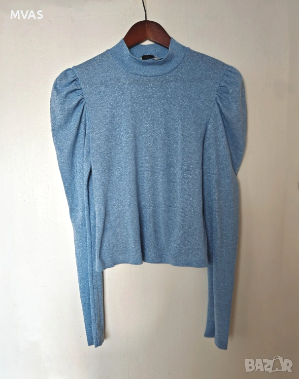 Нова блестяща дамска светло синя блуза с дълъг ръкав M размер, снимка 1