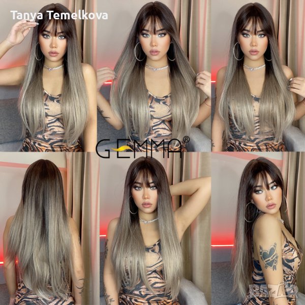 Права сиво / руса перука с бретон, снимка 1