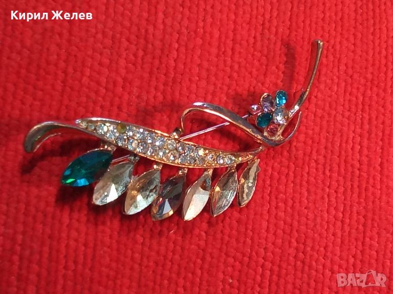 СТАРА КРИСТАЛНА ЗЛАТИСТА АРТ НУВО ФЛОРАЛНА БРОШКА 11982, снимка 1