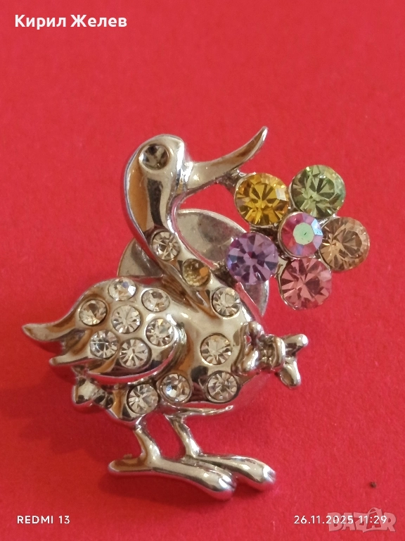 Бижу SWAROVSKI патица инкрустирана с кристали и цветни скъпоценни камъни 52229, снимка 1