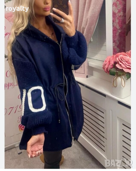 Дамско синьо палто с плетен ръкав , снимка 1