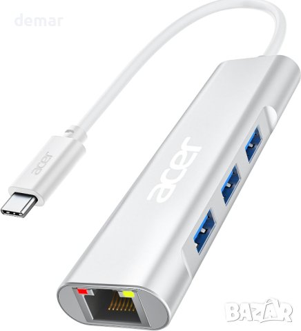 Acer USB C към Ethernet адаптер, 4-в-1 USB C хъб с 3 USB A 3.1 и 1Gbps RJ45 мрежа, снимка 1 - Кабели и адаптери - 44480483