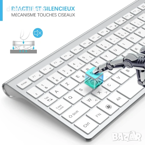Безжичен комплект клавиатура и мишка, ултра тънък, AZERTY, бял/сребрист, снимка 3 - Клавиатури и мишки - 53382123